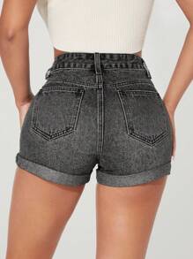 SHEIN PETITE 女式口袋卷边做旧休闲牛仔短裤 - 黑色 - 查看 2