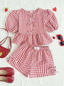 SHEIN 2pcs/Set Tween Girl Loose Plaid Puff Sleeve Bowknot Shirt And Casual Shorts, Suitable For Spring/Summer, Daily Wear, Outdoor, Spring Trip, Back To School