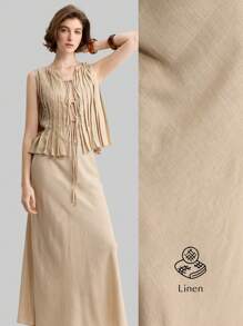 Ontre 2 件套女式卡其色褶皱系带腰吊带背心和 A 字裙套装，休闲都市通勤装，优雅夏日，简约百搭，宽松舒适