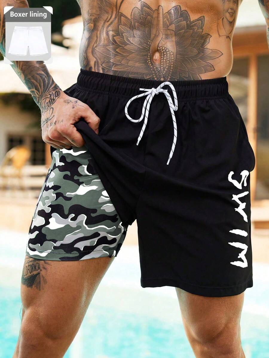 Surfspeed Men's Holiday Camouflage Letter Print Drawstring Waist Beach Shorts, Hawaiian - Multicolor - View 1