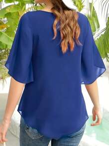 INAWLY Women Crew Neck Solid Color Split Short Sleeve Shirt, Fashionable For Summer - Royal Blue - View 2