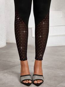 SHEIN Lady High Waist Lace Patchwork Women's Leggings - Black - View 6