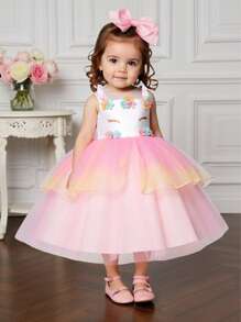 SHEIN Girls' Rainbow Tulle Unicorn Costume Princess Dress, Children's Halloween Christmas Performance Wear - Purple - View 1