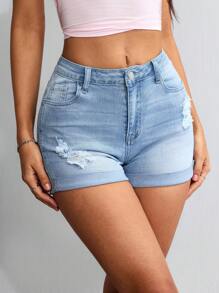 SHEIN EZwear Shorts vaqueros casuales de mujer con dobladillo enrollado y desgastados, con bolsillos