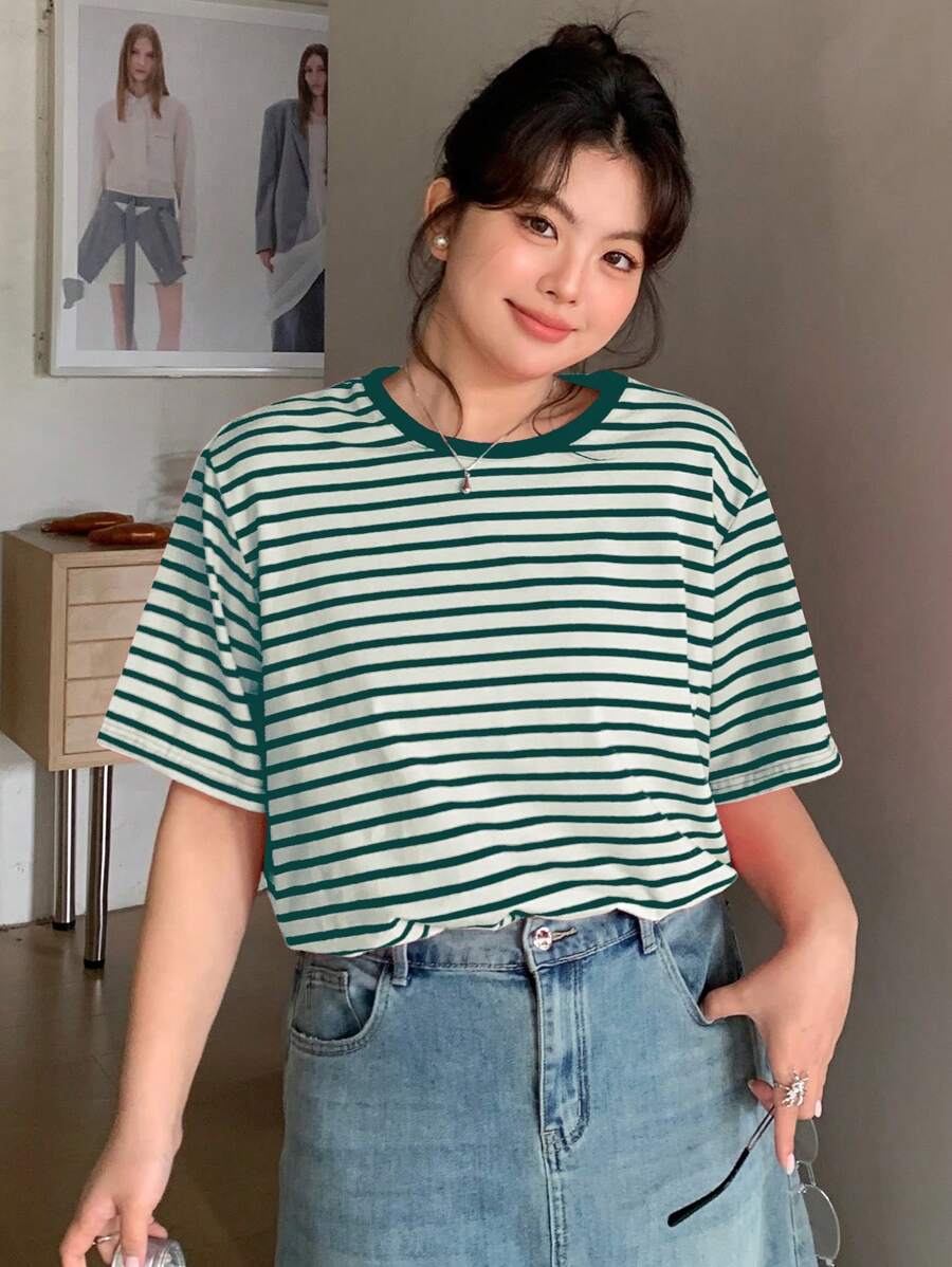 Dazy Plus Colorblock Stripe Print Round Neck Loose Short Sleeve Pink T-Shirt, Spring/Summer - Green - View 1