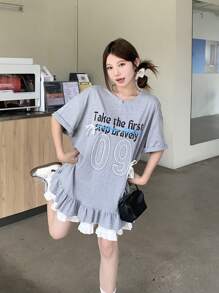 DAZY Women's Round Neck Graphic Bowknot Ruffle Hem Solid Letter Print Short Sleeve T-Shirt Cute Tops - Grey - View 3