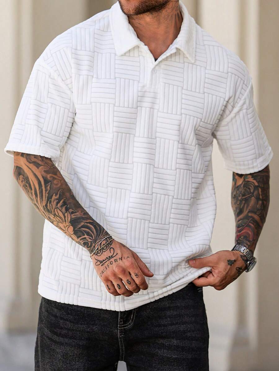 Manfinity Homme Áo thun polo tay ngắn họa tiết jacquard đơn sắc thường ngày dành cho nam - trắng - Xem 1