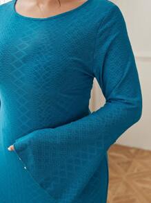 Modelyn Abito donna in jacquard lavorato a maglia, collo tondo, maniche a svasare, orlo con inserto, tinta unita