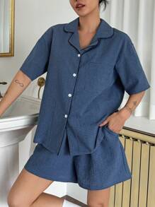 DAZY Conjunto de pijama de short y blusa de manga corta con estampado de cuadros minimalista para mujer