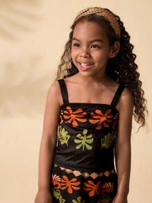 SHEIN 2pcs Young Girl Knit Ditsy Floral Camisole And Woven Mini Skirt Set - Black - View 3