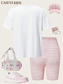 SHEIN 2pcs/Set Girls American Letter Print Crew Neck Short Sleeve Tee And Shorts Set, Casual Fashion Set Outfit For Girls