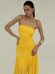 Aloruh 女士纯色黄色不对称下摆荷叶边约会/婚礼连衣裙