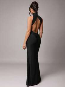 Silquee 女士优雅派对长袖性感高领露背连衣裙，金属扣装饰，勃艮第红，安科纳红，弹力针织面料，连衣裙，适合鸡尾酒会、浪漫约会、秋冬中长连衣裙，适合聚会、派对、正式活动、婚礼、伴娘、联欢会、万圣节、圣诞节 - 黑色 - 查看 2