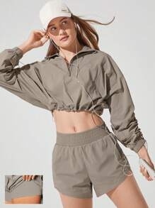 GLOWMODE 编织透气高腰提臀跑步短裤，带口袋，低冲击休闲日常健身夏季 - 卡其色 - 查看 1