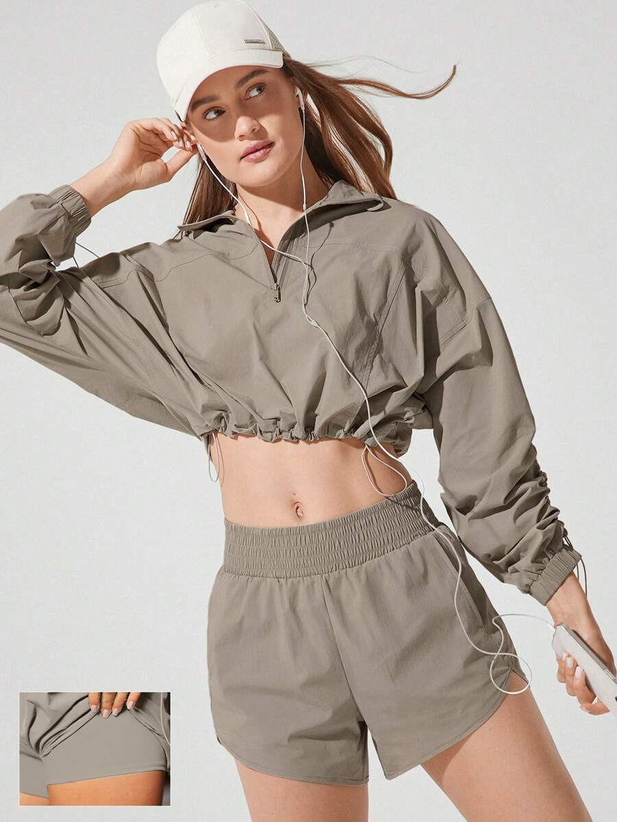 GLOWMODE 编织透气高腰提臀跑步短裤，带口袋，低冲击休闲日常健身夏季 - 卡其色 - 查看 1