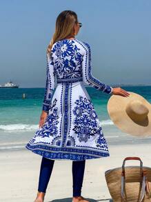 Swim Mulvari Vestido con cierre frontal con estampado de girasoles azul y blanco con estilo bohemio, con pantalones y mangas largas, conjunto casual elegante para primavera/verano, resort, playa
