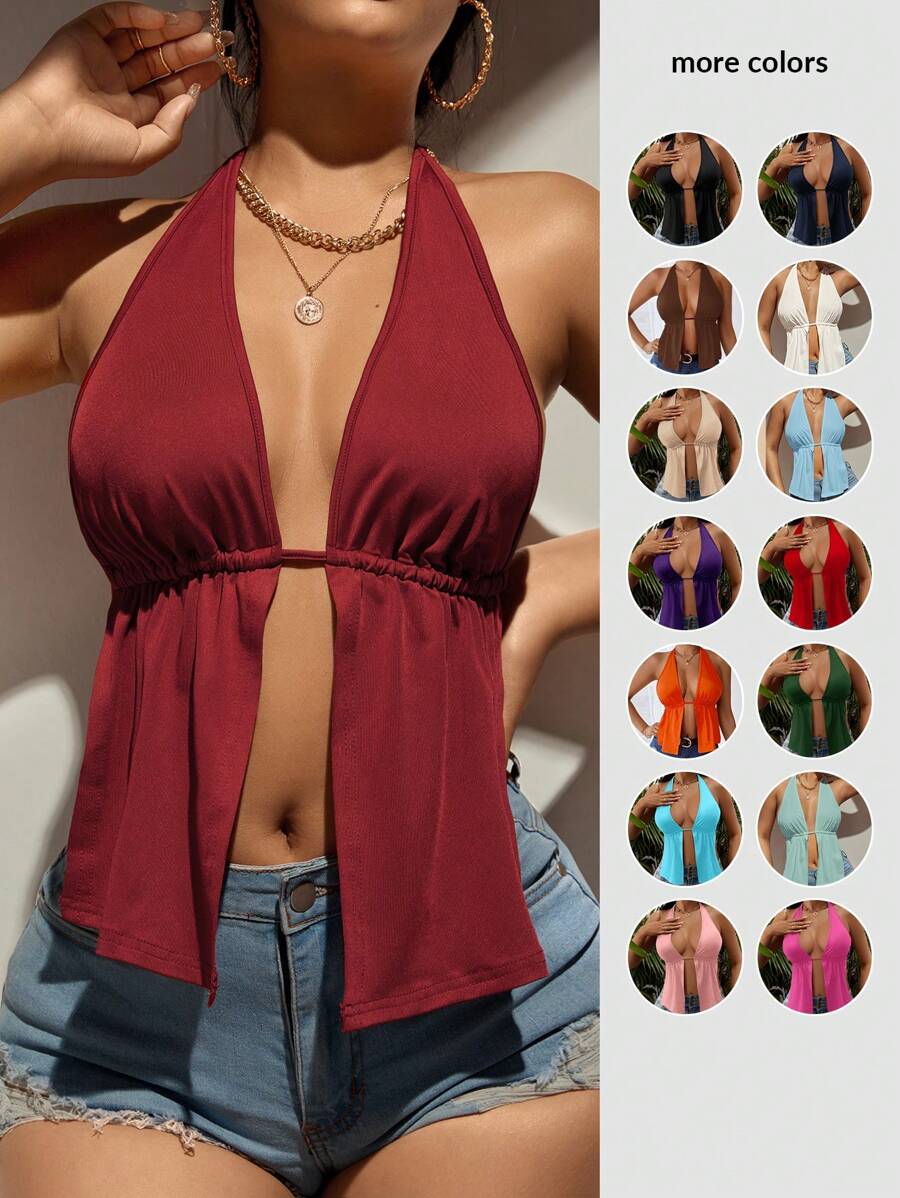 SHEIN SXY Áo hai dây Lộ Lưng Buộc lại màu trơn Gợi cảm - Màu Đỏ Sâu - Xem 1