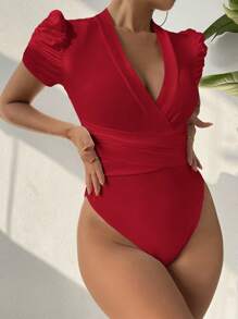 SHEIN SXY 女士夏季純色V領短泡泡袖T恤連身衣 - 酒紅色 - 查看 4
