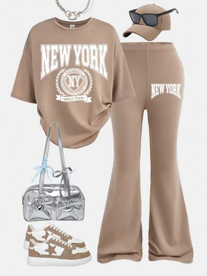 SHEIN Girlism Tween Girls Casual Simple Letter Print Loose Fit Short Sleeve T-Shirt And Flared Pants 2 Pieces Set