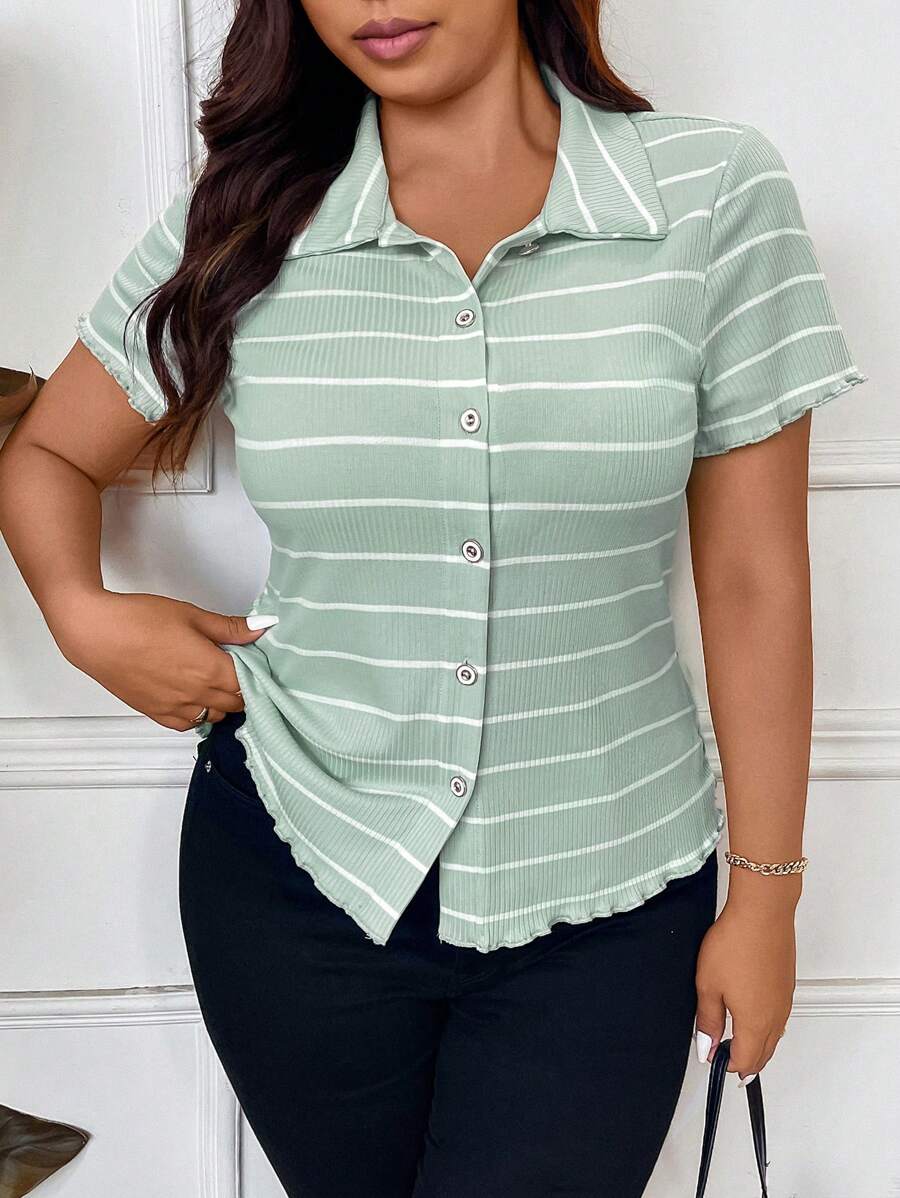 SHEIN Frenchy Plus Elegant, Office, Stylish, Comfortable And Simple,Teacher,Striped Print Button Front Tee,Short Sleeves - Mint Green - View 1