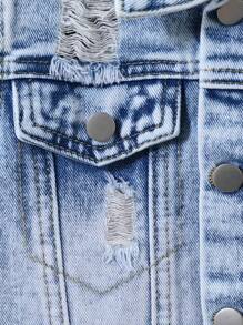 SHEIN 4-7yrs Young Kids Ripped Short Sleeves Tucker Denim Jacket&Ripped Denim Shorts Two Pieces Set,Light Blue,Button Closure,Summer Urban Street Fashion - Medium Wash - View 5