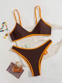 Swim Vcay 2pcs Women Sexy Elegant Color Block Solid Color Wireless Skinny Strap High Leg Split Bikini Swimsuit Set For Summer Beach Vacation