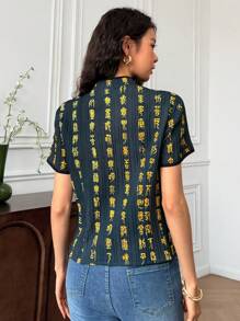 EastFlair 复古全印花纽扣装饰短袖女式衬衫，夏季 - 彩色 - 查看 3