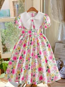 SHEIN Vestido casual con estampado floral y mangas abullonadas para niña preadolescente, ideal para días festivos