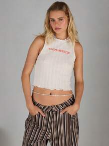 COUREZ Pointelle Tank Top With Print /Summer Tops Going Out Tops Casual /Y2K Vacation Holiday 100%Cotton 100%Cotton Vintage - White - View 2