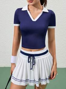 Easithlete Ladies Color Block Turndown Collar Short Sleeve Cropped Sports Polo Shirt - Multicolor - View 3