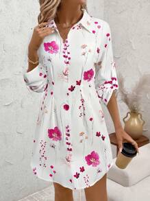 SHEIN Clasi Women's Fashion Versatile Commuter Floral Print Shirt Dress, Autumn/Winter - Hot Pink - View 6