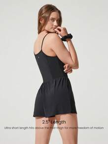 GLOWMODE 2.5" FeatherFit™-Air Power Princess Side Pockets Buttons Removable Cups Square Neck Pleated Romper Low Impact Daily Casual Wear - Black - View 2