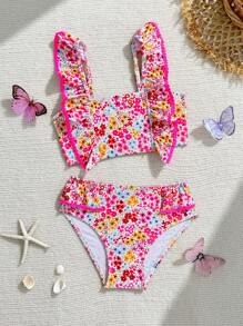 Ensembles de bikini à fleurs soyeuses pour jeunes filles, Top avec bordure florale rose, 2 pièces de maillot de bain, style élégant et décontracté, convient pour la natation, les vacances, l'été