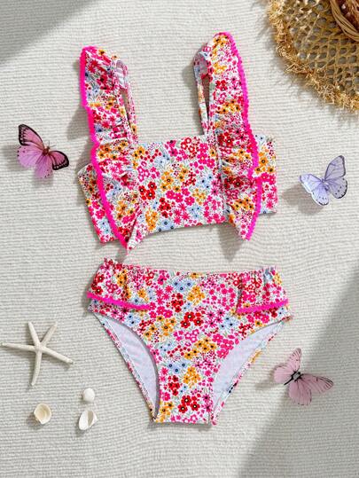 Young Girls Ditsy Floral Bikini Sets, Top With Pink Floral Trim, 2 Pieces Swimwear, Fashion Casual Elegant Lady Style, Suitable For Swimming, Vacation, Summer Young Girls Sets Young Girl Summer Outfits Bathing Suits For Girls Kids Bathing Suits For Girl Bathing Suit For Girls