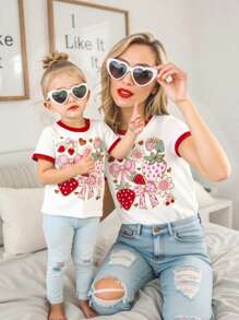 Women's Casual Fashion Creative Faux Gold Foil Strawberry Flower Ribbon Bow Graphic Print Basic Short Sleeve Tee, Casual Style