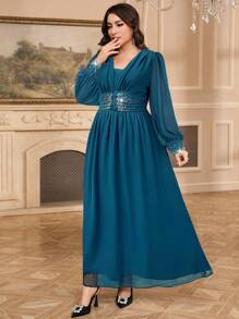 Modelyn Plus Size Women Rhinestone Decor Ruched Lantern Sleeve Elegant Dress