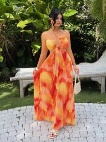 SHEIN SXY Đầm chống nắng xếp ly màu cam hoặc nhiều họa tiết - trái cam - Xem 5