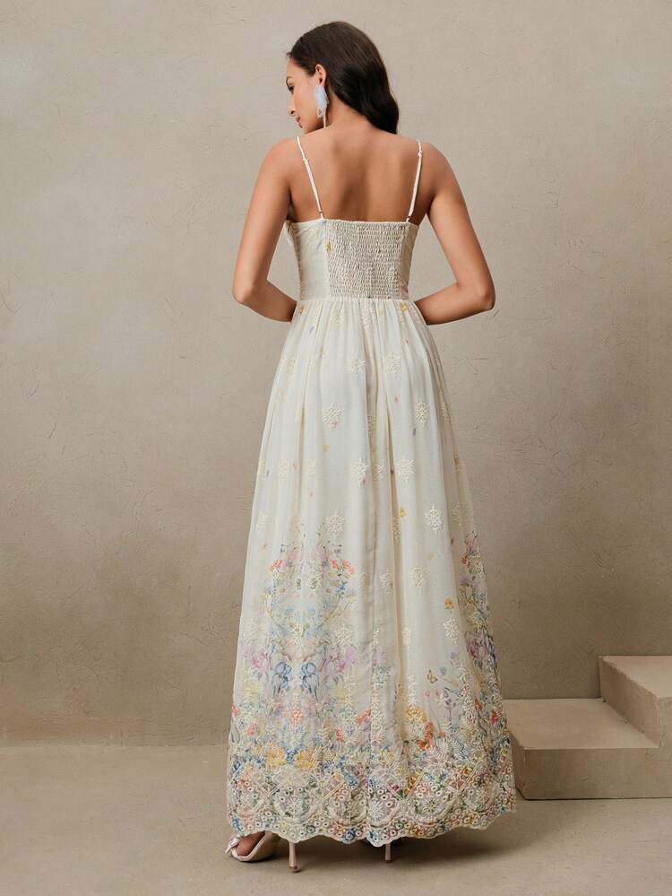 Vestido Deslizante com Bordado Estampa Floral, Elegante, Adequado para Verão, Festival, Feriado, Férias, Casual, Praia