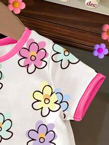 Baby Girl Floral Print Contrast Trim Round Neck Short Sleeve Top - Multicolor - View 3
