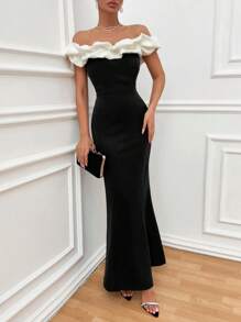 EURMUSE Two Tones Off Shoulder Ruffle Trim Bodycon Dress, Elegant Dress - Black - View 5