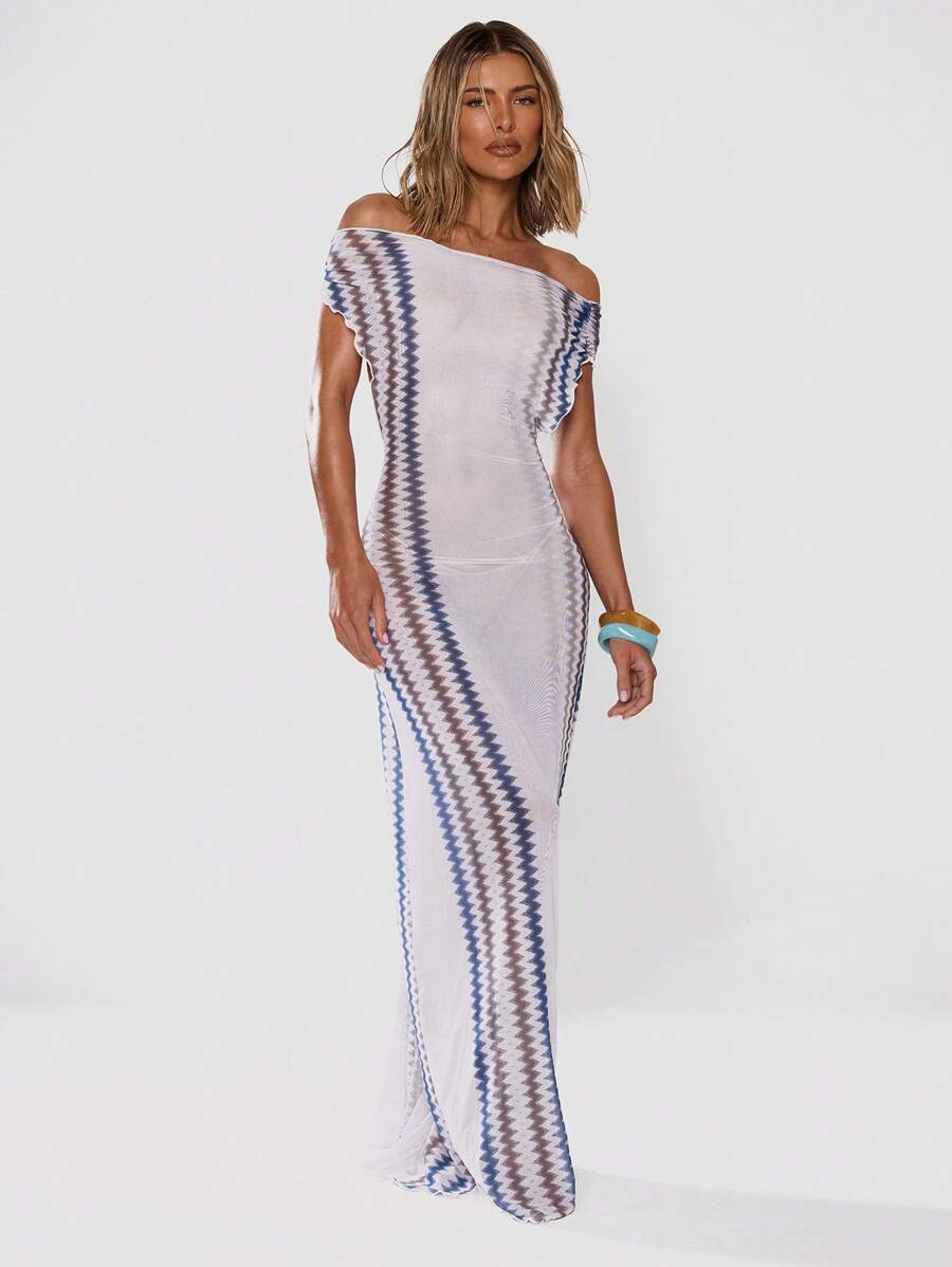 Musera Resort Robe de plage longue ajustée en mousseline de soie à imprimé, avec épaules dénudées et manches courtes. Élégante et sexy, parfaite pour les vacances, les stations balnéaires et les mariages en saison printanière et estivale. - Blanc - Voir 1