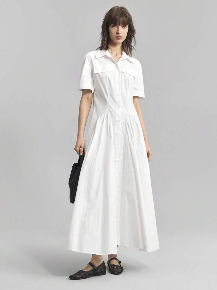 2025 Spring Summer Women Solid Color Short Sleeve Single Breasted Pleated Casual Shirt Long Dress, Women Summer Dresses, Women Spring Dress, Women Mid-Length Dress, Graduation Dress, Elegant Women Dress