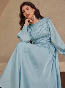 DAZY 女士收腰褶裥中长连衣裙，秋季穿搭，毕业礼服，长袖连衣裙，及地长裙 - 藍色 - 查看 7