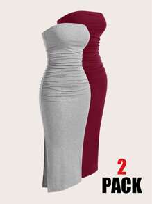 SHEIN EZwear 女士多色无袖针织褶皱开衩优雅连衣裙 - 酒紅色 - 查看 1