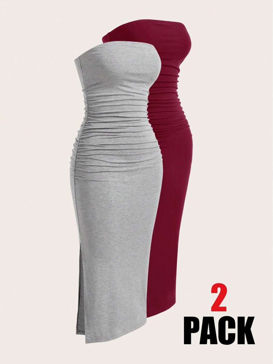 SHEIN EZwear 女士多色无袖针织褶皱开衩优雅连衣裙 - 酒紅色 - 查看 1