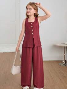 SHEIN Leap Crew Nova Glow Tween Girl Fashion Street Style Solid Color Crew Neck Sleeveless Top And Straight Leg Pants Set - Rose Red - View 4