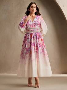 Anewsta Women's Spring/Summer New Lace Patchwork A-Line Long Sleeve Dress, Elegant Vacation Dress - Pink - View 3