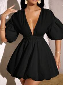 SHEIN SXY Summer Beach Deep V Neck Puff Sleeve Dress - Black - View 5
