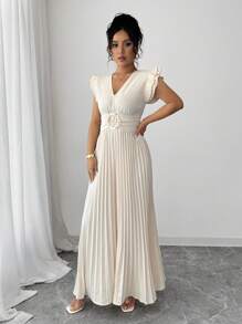 Elenzga Pantalones de verano bohemios, elegantes y encantadores para mujer, con estilo romántico y francés, sin mangas, cuello en V y cintura con volantes, para vacaciones en la playa