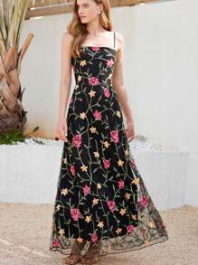 Aveloria Nowa Elegancka Francuska Vintage Elegancka Dama Formalna Romantyczna Ciężka Haftowana Siatka Kwiatowa 3D Dekoracja Bez Rękawów Ściągana Talia Maxi Sukienka A-Line